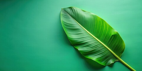 Poster - A Single Lush Green Leaf Against a Vibrant Green Background, a Minimalist Display of Nature's Beauty