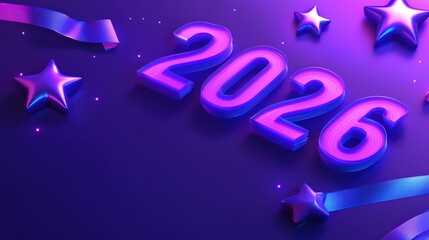 Wall Mural - purple holographic numbers and stars design for 2026 celebration with glowing effects and shiny ribb