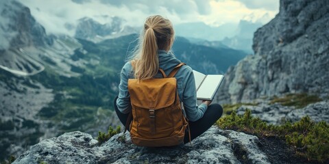 Poster - Young Girl Sitting Cross Legged on Mountain Ledge with Book Enjoying Scenic View of Nature and Mountains Under Dramatic Clouds