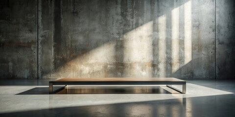 Fototapete - A minimalist wooden table sits in the center of a concrete room with sunlight streaming through windows casting shadows on the wall and floor