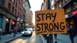 © Valentina Zaitseva - Urban street scene with 'stay strong' sign; symbolizes resilience