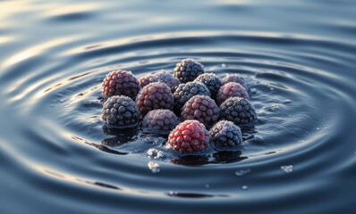 Wall Mural - Frozen raspberries in still water