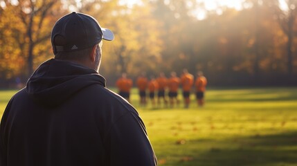 Coach observing youth sports practice on a sunny autumn day, focusing on teamwork and skill development in a park setting with players in orange uniforms.