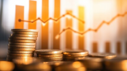 Fototapete - Coins stacked with financial graphs in background showcasing growth, investment strategies, and market analysis for wealth management, savings, and profits.