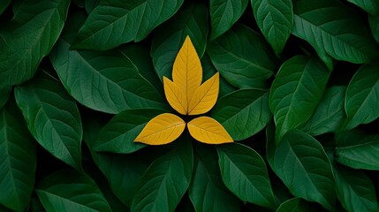 Wall Mural - Golden Trio Amidst Green: Three vibrant yellow leaves arranged in a symmetrical pattern, stand out against a backdrop of rich, dark green foliage, creating a visually striking contrast. 