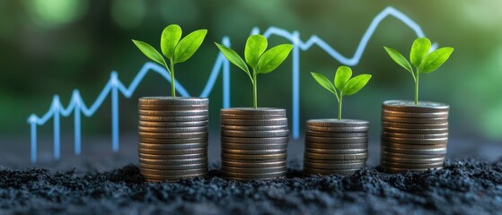 Wall Mural - Coins stacked with growing green plants showcasing investment growth, financial prosperity, and sustainable development in personal finance strategy and ecological progress.