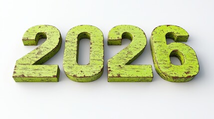 Wall Mural - 3d lime green cartoon text of the year 2026 on a white background with a vintage style and distresse