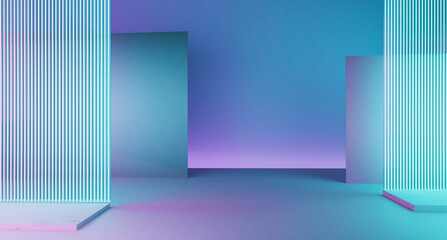 3d rendering of blue and purple neon glowing wall background. scene for advertising, technology, sho