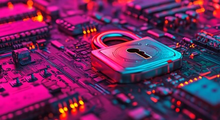 Digital network with a glowing padlock icon embodies cybersecurity concept, showcasing neon colors and circuit board patterns, visualizing data protection in futuristic technology, set in an abstract
