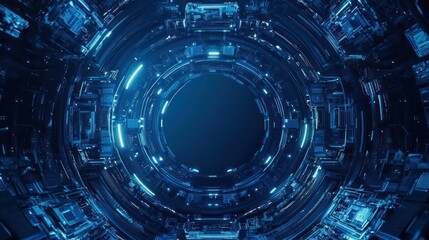 Futuristic blue technology tunnel, abstract background, digital art, website header