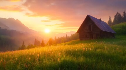 Wall Mural - A serene rural landscape featuring a rustic wooden cabin amidst lush green fields, framed by majestic mountains during a beautiful sunset, Ideal for travel articles, nature-themed projects