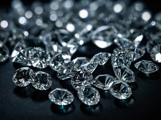 Multiple cut diamonds sparkle on a reflective white surface.