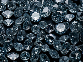 Multiple cut diamonds sparkle on a reflective white surface.