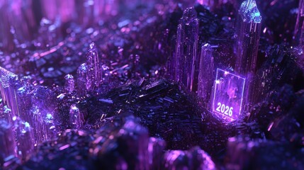 Wall Mural - futuristic digital landscape with holographic crystals and text elements, featuring a vision of the 