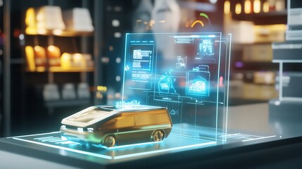 Futuristic golden car model with transparent screen interface in blurred background