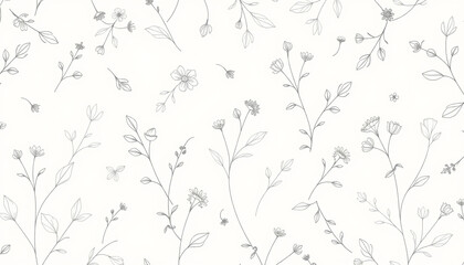 Naklejka na meble A delicate seamless floral pattern with fine line art flowers and leaves on a soft white background, creating a gentle and elegant botanical design for wallpapers and textiles.
