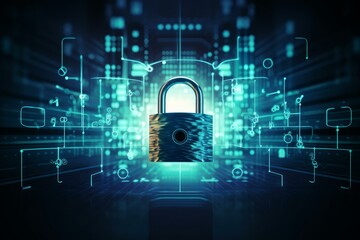 Wall Mural - metal padlock securing data flowing through circuit board, representing cybersecurity and data prote