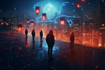 Wall Mural - hackers are planning a cyber attack, observing hanging data blocks over a futuristic cityscape with 