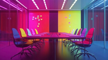 Aufkleber - Colorful modern office meeting room with vibrant walls, sticky notes, and chairs.