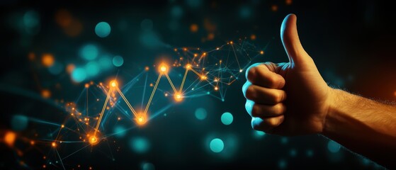 Wall Mural - hand gesture showing thumbs up with glowing digital chart background, symbolizing approval and succe