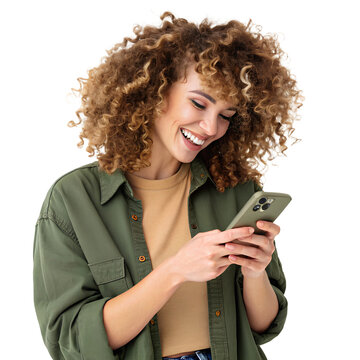 Happy Business Woman Holding Smartphone – Smiling Female with Curly Hair Using Mobile Phone, Social Media, Digital Communication, Isolated on Transparent Background, No Background