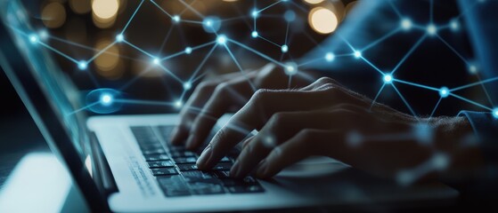 Wall Mural - hands typing on a laptop with digital connections, symbols of technology and data analytics represen