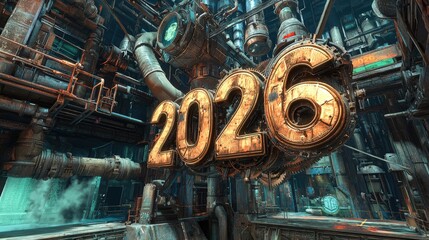 Wall Mural - stunning 3d visualization of floating golden gears forming the year 2026 in a futuristic industrial 