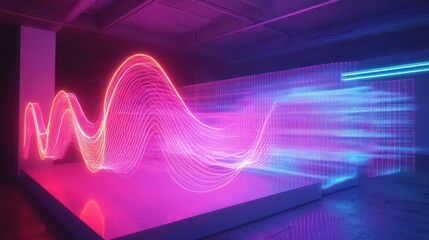 Fototapete - Abstract neon light art installation in dark room, pink and blue glowing lines, wave and grid patterns.