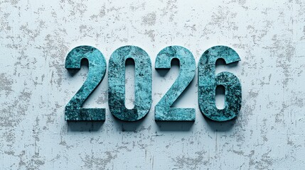 Wall Mural - 3D Cyan Cartoon Text of Year 2026 on Grungy White Background in Creative Style