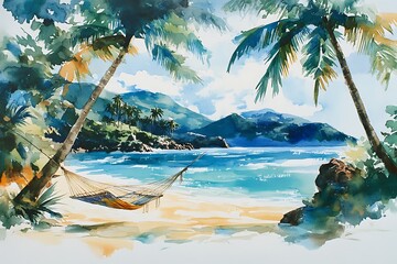 Wall Mural - Tropical Beach Paradise Watercolor Painting