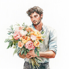 Wall Mural - Women's day A man is holding a bouquet of flowers. The flowers are pink and white, and they are arranged in a vase. The man is looking at the flowers with a smile on his face