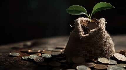 Wall Mural - Plant growing from a bag of coins symbolizing investment and financial growth, representing savings, profit potential, and the concept of wealth accumulation.