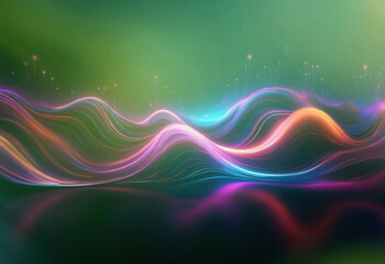 Poster - Abstract sci-fi background featuring a double exposure effect. Glowing, colorful waves flow across a dark, reflective surface, creating a surreal and vibrant scene.