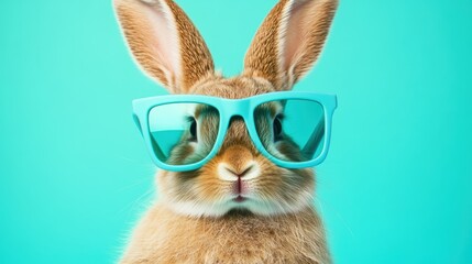 Wall Mural - Rabbit wearing stylish turquoise sunglasses poses against a vibrant teal backdrop, showcasing playful and fun vibes for animal-themed graphics and marketing.