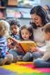 © felix_brönnimann - Reading session, children engaged in storytime with teacher on colorful carpet in classroom, promoting literacy and early childhood development through books.