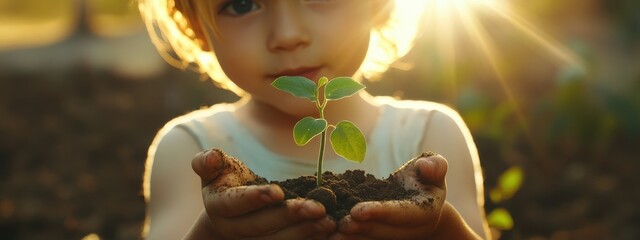 Wall Mural - child holding a seedling in his hands. Selective focus