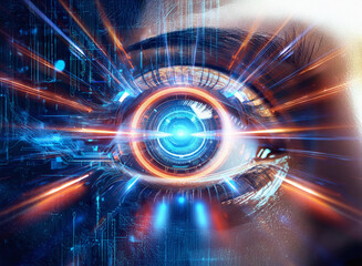 Aufkleber - Abstract sci-fi double exposure image of a futuristic eye, glowing with vibrant energy streaks against a technological background.