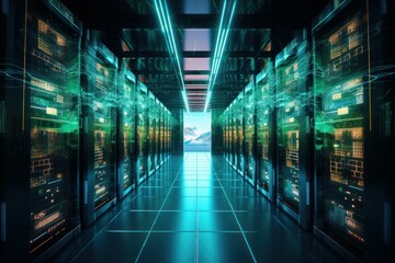 Wall Mural - futuristic server room data center showing green digitalization and cloud computing