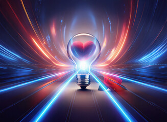 Poster - A glowing lightbulb, containing a heart, sits on a highway of vibrant light streaks. A red arrow points towards it, symbolizing a path to love or inspiration.  The scene is dynamic and full of energy.