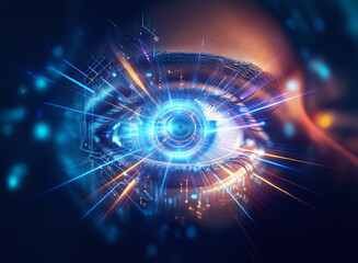 Aufkleber - Abstract sci-fi double exposure image of a glowing eye, set against a dark background.  Digital circuitry and light bursts emanate from within.