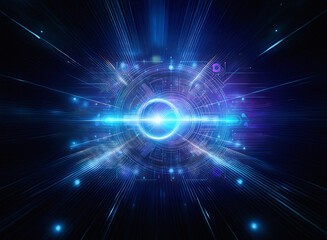 Aufkleber - A vibrant, abstract depiction of a futuristic, technological core emitting radiant blue energy beams.  The design suggests speed, innovation, and power.
