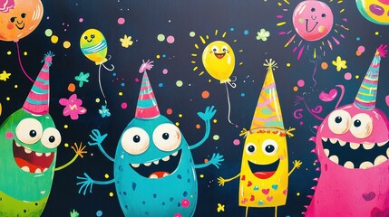 Wall Mural - A fun and festive party banner with cartoon characters and bright colors for a children's party.