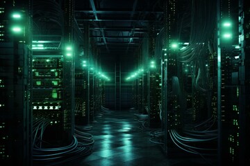 Wall Mural - server room infrastructure emitting green lights in dark datacenter