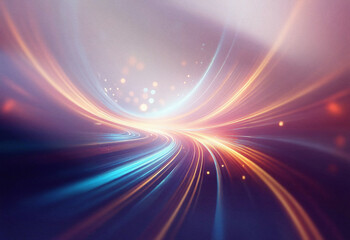 Abstract sci-fi background featuring a double exposure effect.  Swirling, vibrant light streaks create a dynamic, futuristic tunnel.  Colors blend from cool blues to warm oranges, creating depth and m