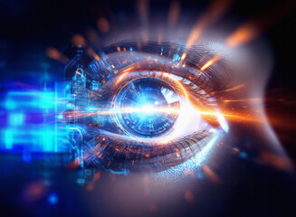 Aufkleber - Abstract sci-fi double exposure image of a glowing eye,  digital circuitry merging with the iris, creating a futuristic background.