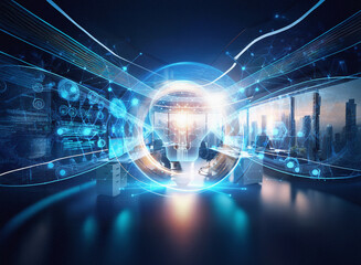 Aufkleber - Abstract sci-fi double exposure image. Futuristic cityscape background with glowing orb, digital connections, and technological elements.