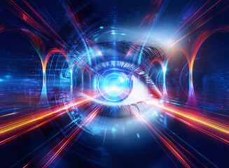Aufkleber - Abstract sci-fi double exposure image. A glowing eye is centered, surrounded by vibrant streaks of light and technological elements against a dark blue background.  The image evokes a sense of futuris
