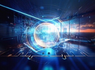 Poster - Abstract sci-fi double exposure image. Futuristic cityscape blends with technological interface, creating a surreal, glowing background of interconnected puzzle pieces.