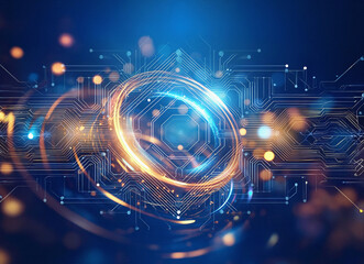 Aufkleber - Abstract sci-fi background featuring a double exposure of a glowing ring and circuit board design.  The image evokes a sense of futuristic technology and energy.