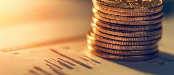Fototapete - Stacks of coins on financial charts with graphs, symbolizing investment strategies in cryptocurrency and market analysis for wealth growth and economic insights.